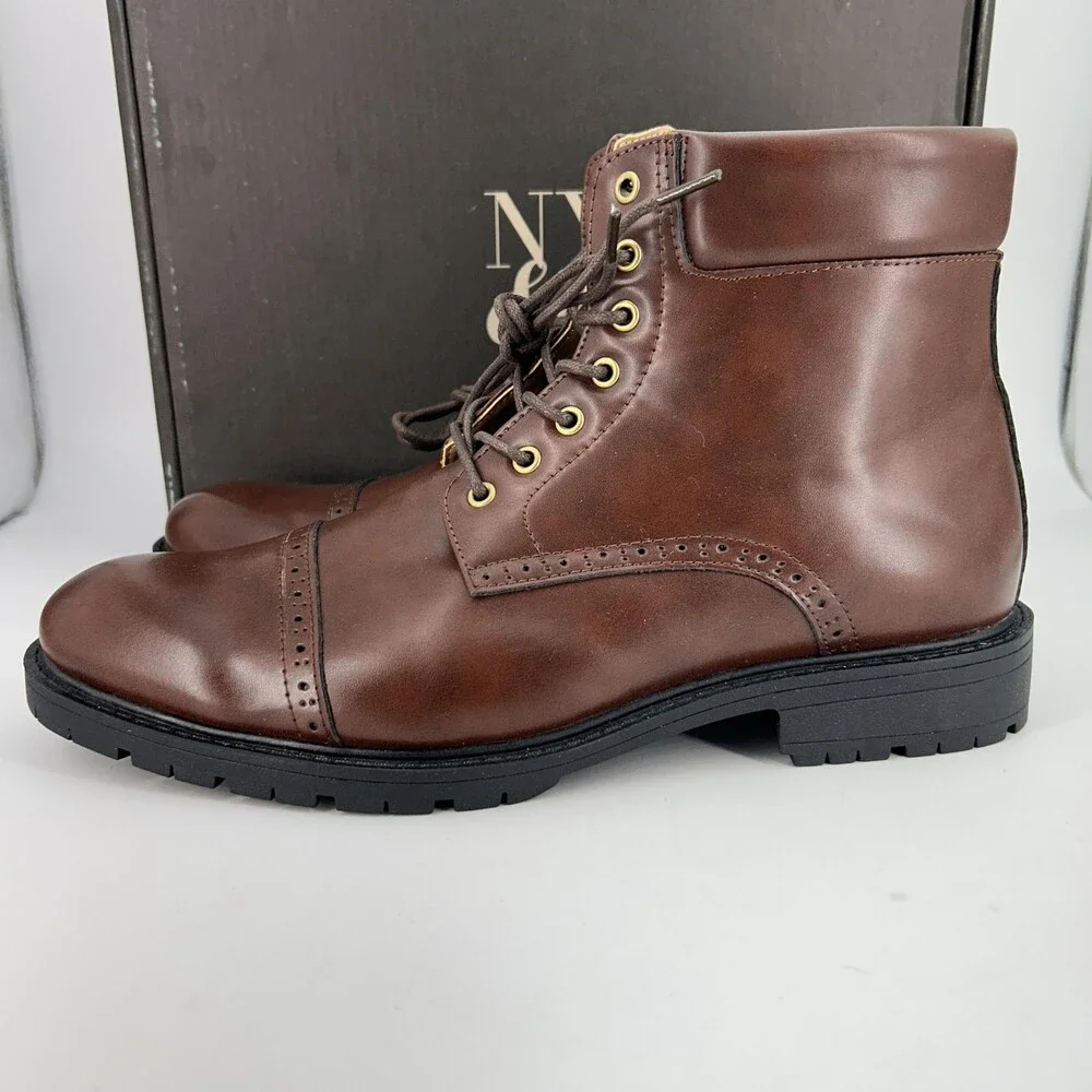 NY&C Matt Combat Boots Mens Size 11 Brown Coffee Cap Toe Lace Up Ankle NY1283